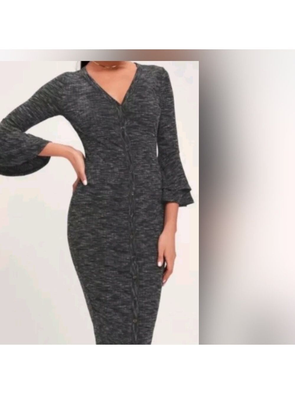 Lulus Jony heathered ribbed button up  midi Dres Medium,,3/4 bell sleeves NWT